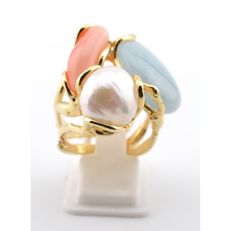 Anello in ag 925/°°° dorato, CORALLO, ACQUA MARINA, PERLA